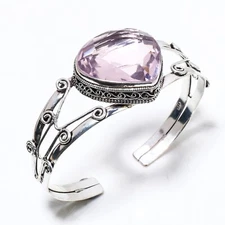 Pink Kunzite Gemstone 925 Silver Handmade Ethnic Cuff Bangle Adjustable