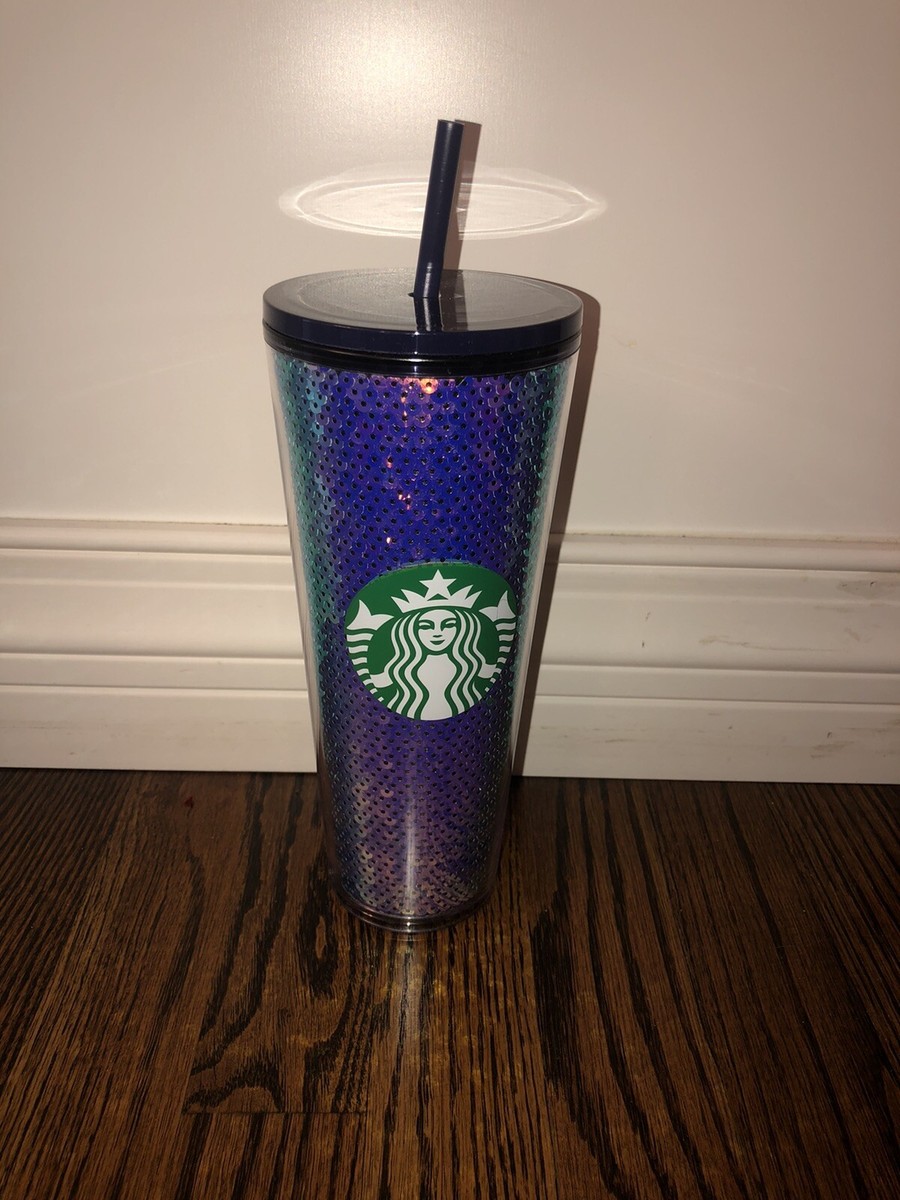 Starbucks Dark Sequin Purple Blue Tumbler Travel Venti Cup Matching Straw &  Lid
