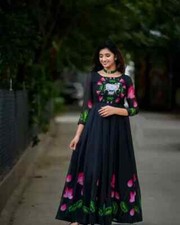 Printed Black Faux Georgette Gown With Dupatta For Engagement