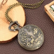 Vintage Style Bronze Quartz Analog Pocket Watch with Necklace Chain Unisex Gift
