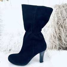 VINTAGE Rocker CHIC sz 7M Black Suede Leather Gathered High Heeled Boots