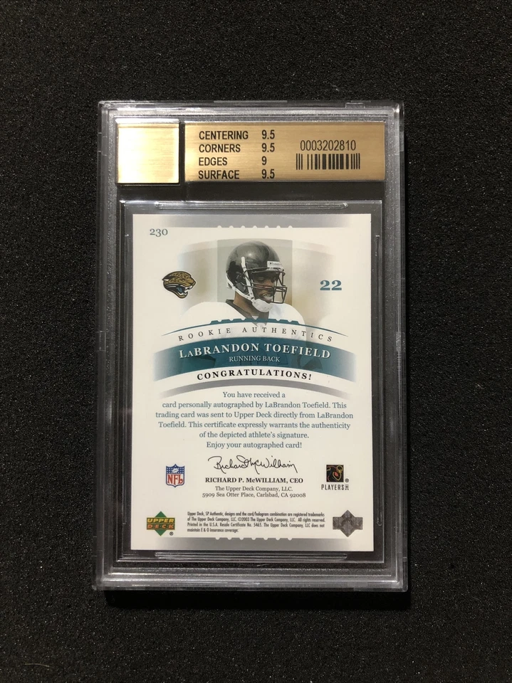 2003 Upper Deck SP Authentic LABRANDON TOEFIELD #230 9.5 💎 RC AUTO 1079/1200 - Image 2 of 2