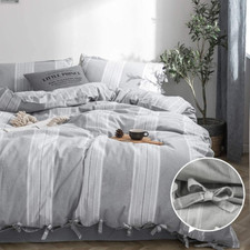 Striped Duvet Cover Set 2Pcs 100 Washed Cotton Linen like Textured with Bowknot