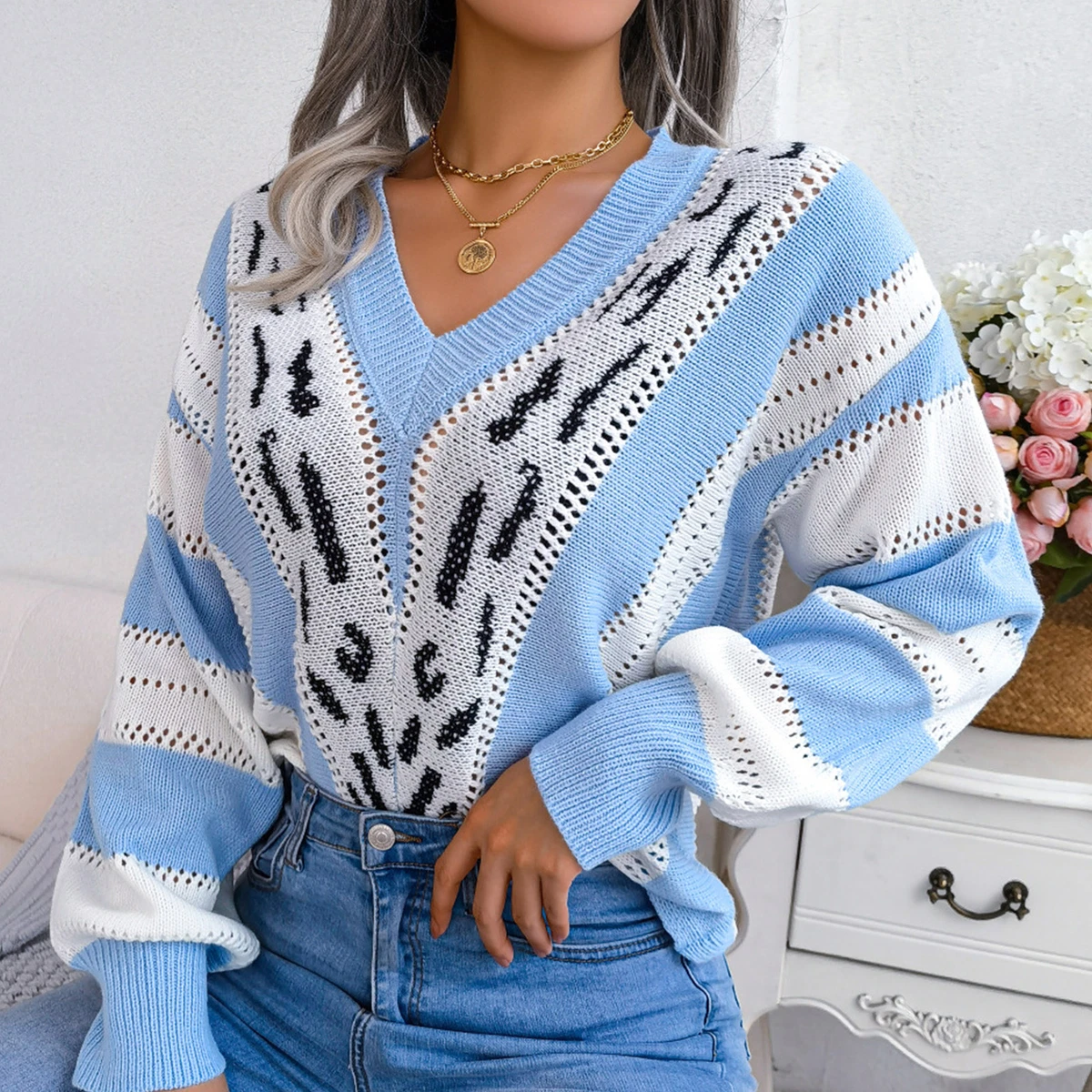 Leopard v neck sweater cheap