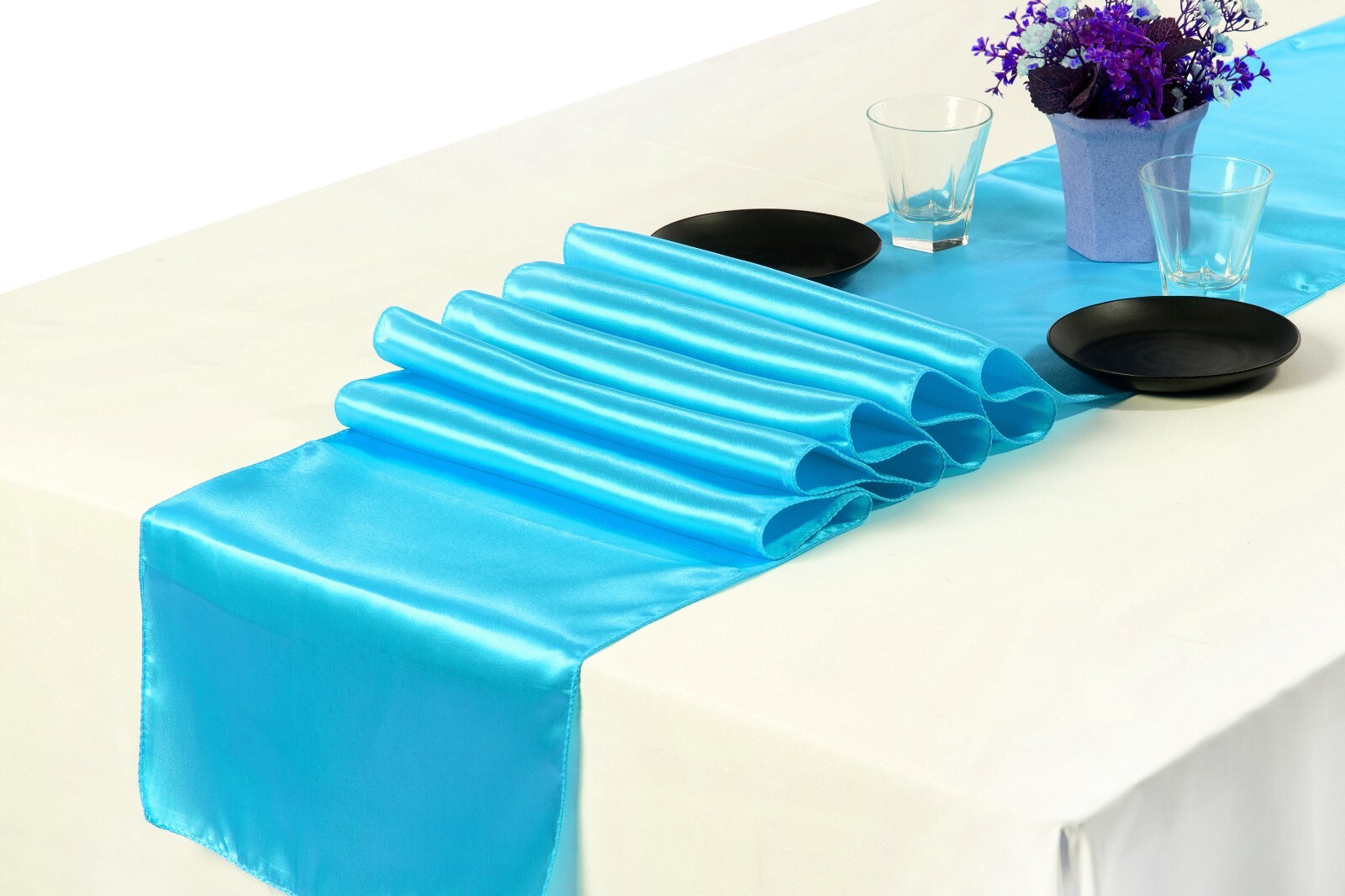 10 Centrotavola In Raso Per Matrimonio, 30x274 Cm, Colori Lavanda E Verde Smeraldo, Decorazione Per Feste E Banchetti