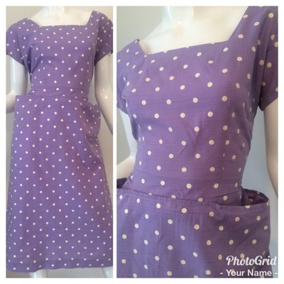 purple dress with white polka dots