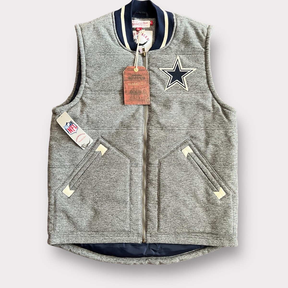 Mitchell Ness Dallas Cowboys NFL Throwbacks Zip Puffer Vest Gray Mens Sz M