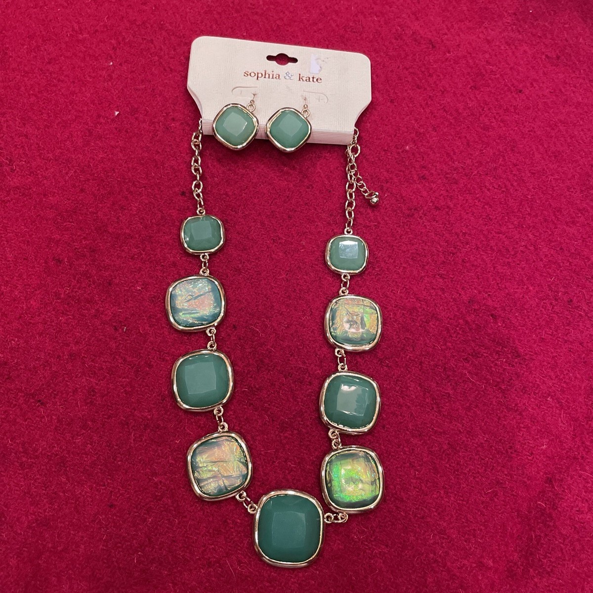 New Sophia Kate Necklace Pierced Earrings Teal/Green Sparkle Acrylic  Stone