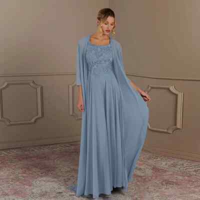 Square Neck Chiffon Mother of Bride Dress Appliques Zipper Back Party Gowns New