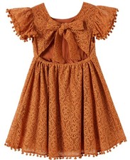 Tie-Back Dress Girls Lace Bow Backless Pom Pom Flutter Sleeves Party Princess...