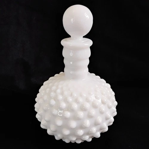 Vintage Hobnail White Milk Glass Perfume Bottle W/ Stopper 6" Cologne Decanter