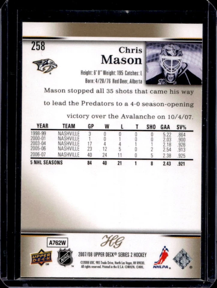 2007-08 Upper Deck Chris Mason UD High Gloss #/10 Predators - Image 2 of 2