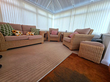 Beige Rattan/Wicker 6 Piece Lounge Conservatory Set. Sofa. Chairs & Footstool