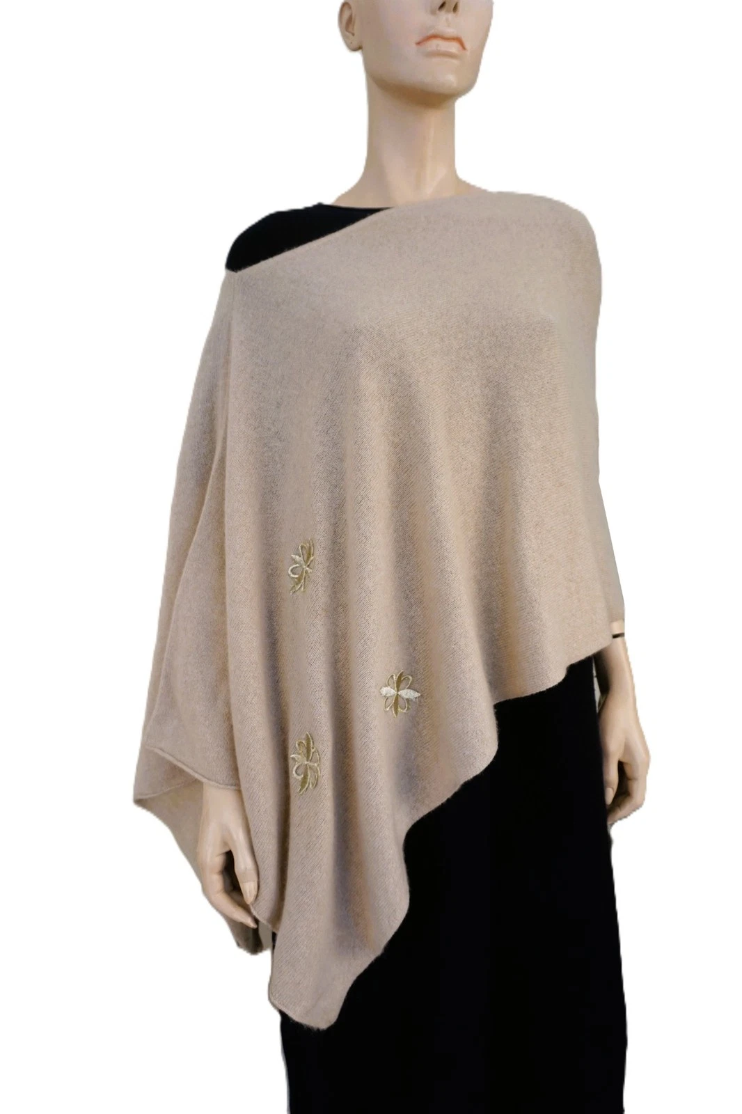 MINNIE ROSE One Size Embellished Wheat Beige Cashmere Ruana Poncho Wrap