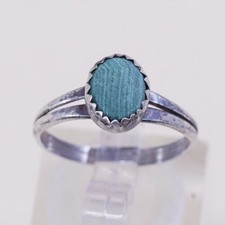 Sz 4.75, Vtg Sterling Silver Handmade Ring, 925 Silver Band W Malachite Inlay