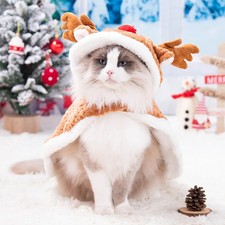 Cat Christmas Costume Winter Coat with Hat, Fleece Warm Elk Pet Cloak Cape Blank