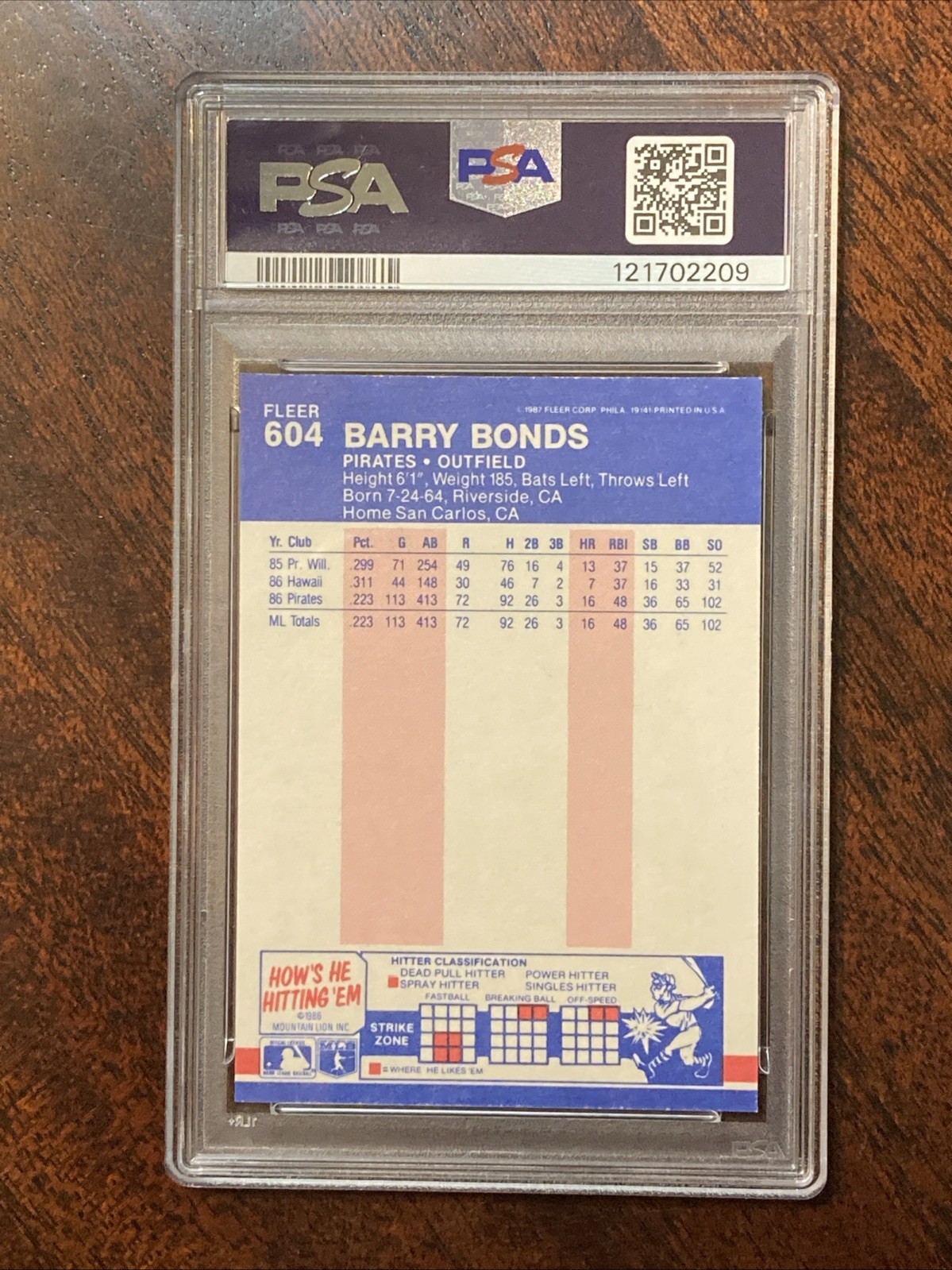 1987 Fleer #604 Barry Bonds PSA 7 Pittsburgh Pirates RC Rookie PSA 7 view 2