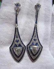 Art Deco Style 8Ct Lab Created Diamond & Sapphire 14K White Gold Finish Earrings
