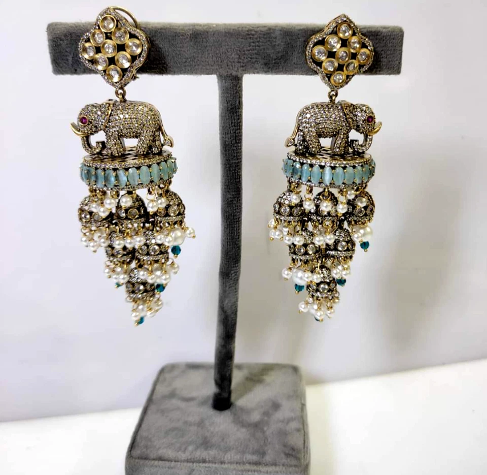 Designer Victorian Bollywood Celebrity AD CZ Kundan Dangle Jhumki
