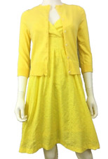 Chaps Two Piece Cardigan Dress Set Yellow Eyelet Empire Waist  Sz XS 