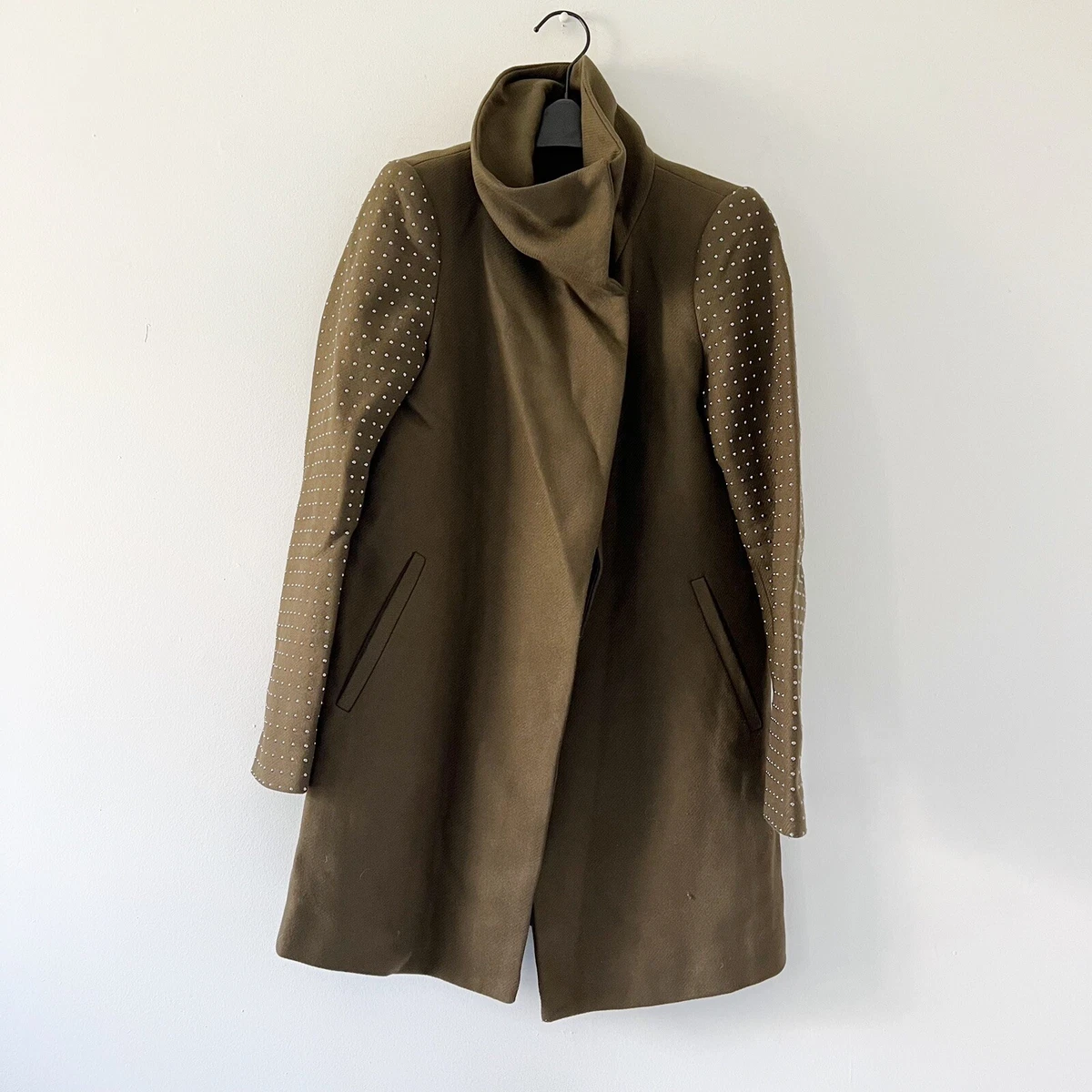 Zara Woman Small Coat Olive Green Funnel Neck Studded Sleeve Wool