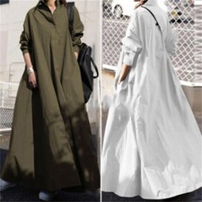Oversized Long Sleeve Collared Womens Maxi Dress Kaftan Baggy Loose Solid Casual