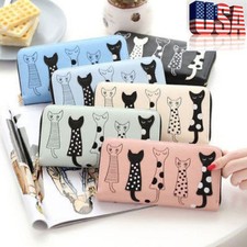 Women's Cute Cat Bifold Wallet Zipper Long Leather Clutch Purse with Card Slots