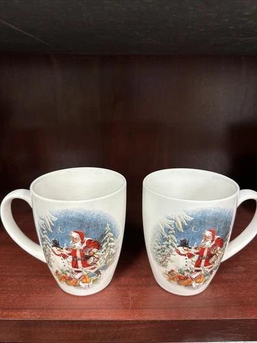 Pottery Barn Santa And Snowman, Nostalgic Christmas-Mugs, Set Of 2