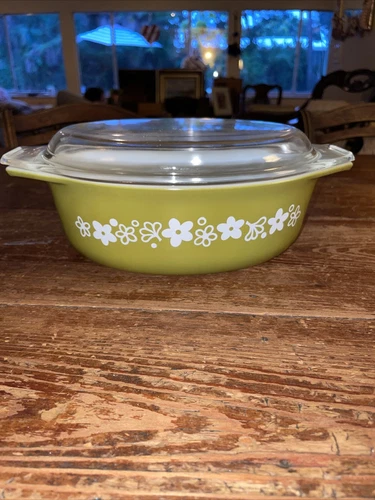 Vintage 1972 Pyrex Spring Blossom Crazy Daisy Olive Green Casserole Dish and Lid