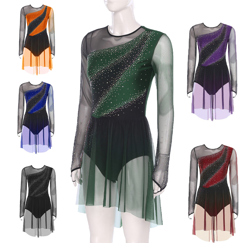 Womens Leotard Prom Dress Costume Dancewear Long Sleeve Dance Performance  Mesh | eBay