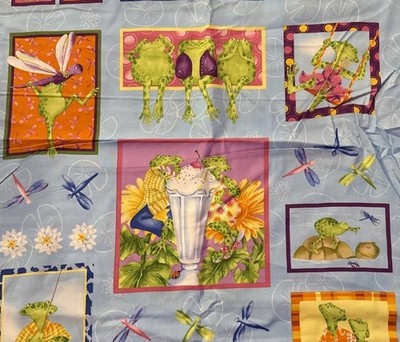 Clothworks Fabric RRRIBBET Frogs Dragonflies Turtles Blue Background 45  x BTY