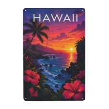 Hawaii Sunset with Tropical Beach Scene Palm Trees  Metal Sign 8x12 Inch