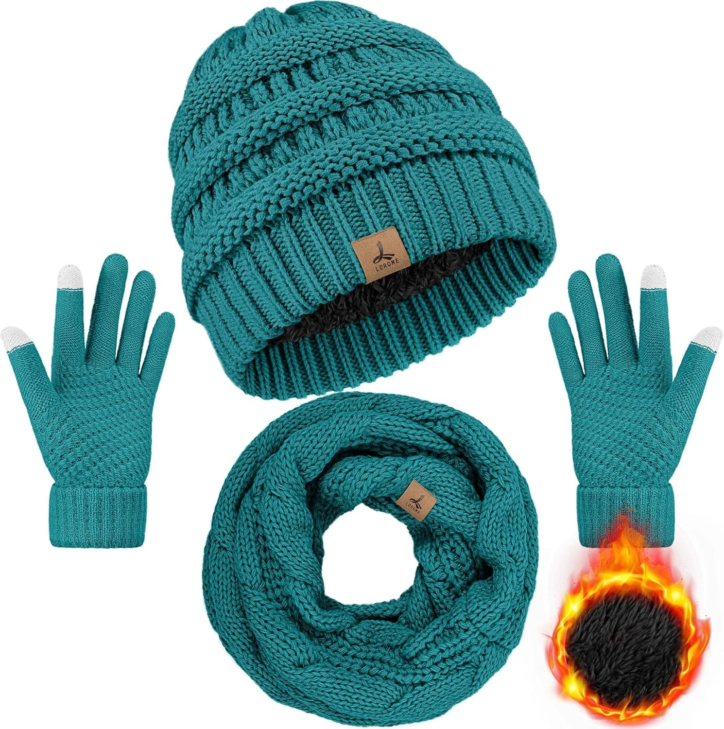 Winter Beanie Hat Scarf Gloves, Warm Fleece Knit Hats Touch Screen Gloves Neck S