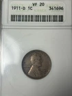 1911-D ANACS VF20 Lincoln Cent 1c, Semi-Key Date, Choice Circ Cameo, Soapbox PQ!