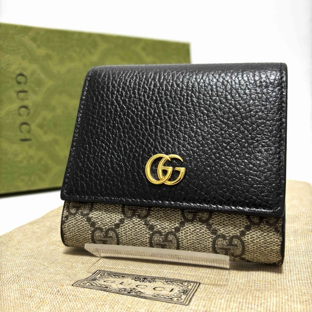 042 Portefeuille pliant Gucci bon état GG Marmont x GG Supreme PVC x cuir