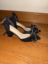 Women s Black Ankle Strap Buckle Block Heel Pointed Toe Bow Strappy Pumps