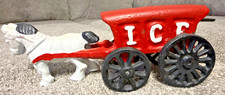 Vintage Cast Iron Horse Drawn ICE Wagon Toy RED WITH BLACK WHEELS-USED