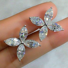 Marquise Cut Lab Created Diamond Flower Stud Earrings 14k White Gold Over
