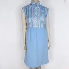 Vintage 70s Blue Dress Neck Tie Sleeveless Retro Coastal Mod Spring Size Large
