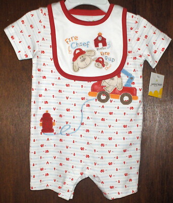 Jumping Beans One Piece Jumper With Matching Bib Fire Chief Pup 0-3 Months-NWT