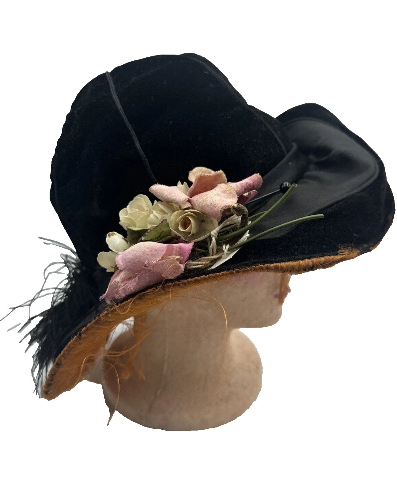 Sombreros vintage de terciopelo Victoriano Negro para Mujeres