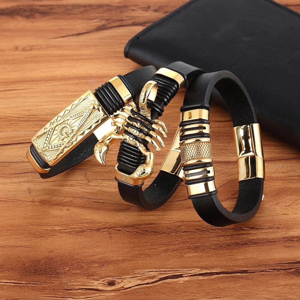 Genuine Leather Bracelet Gold Colour Easy Hook /Geometric/Scorpion... | eBay