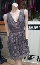 Elise Ryan Silver Grey Dress Size L Lace Mesh Crochet Detail Front & Back V