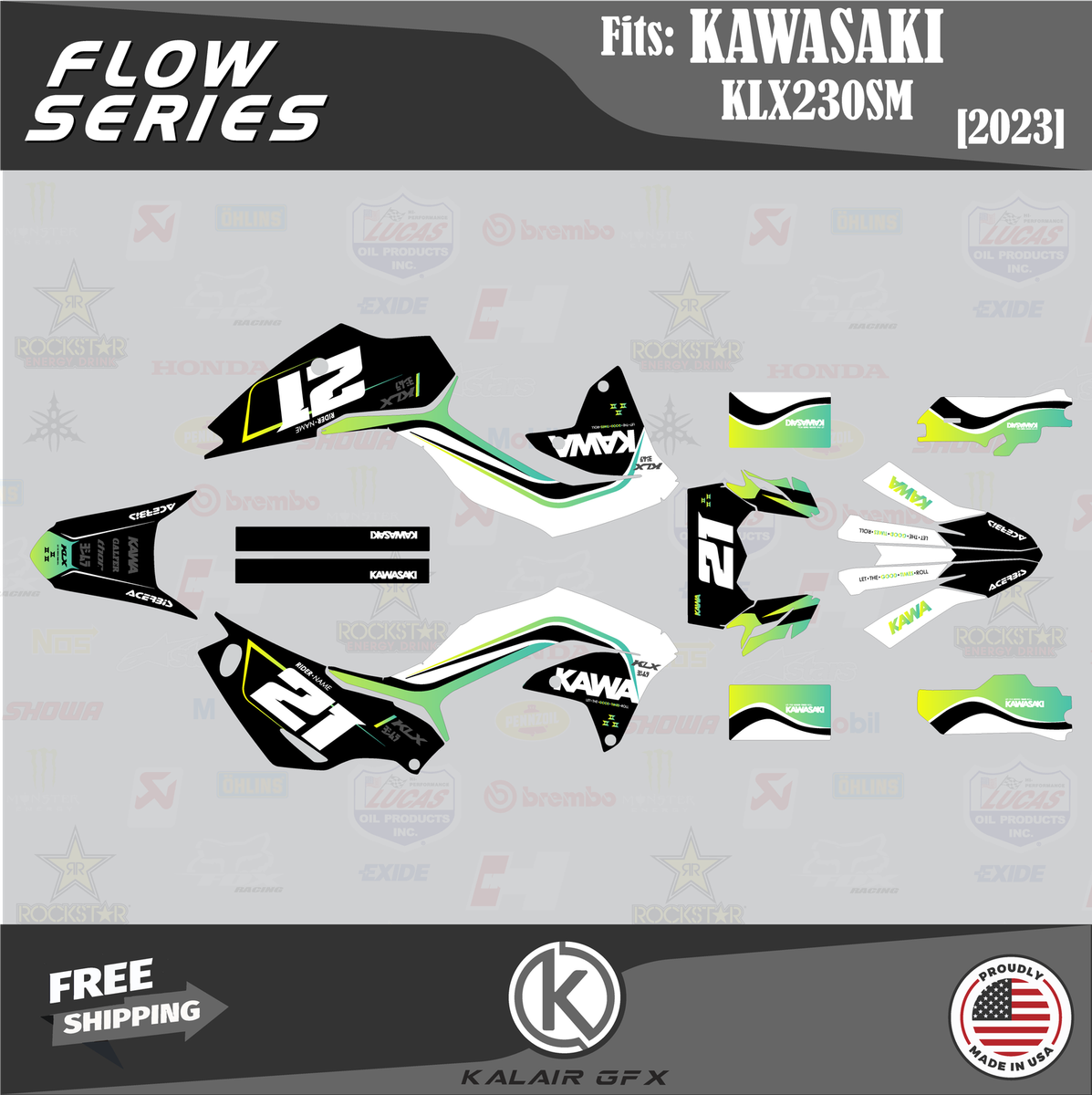 Graphics Kit for Kawasaki KLX230SM Supermoto (2023) Flow - LIME | eBay