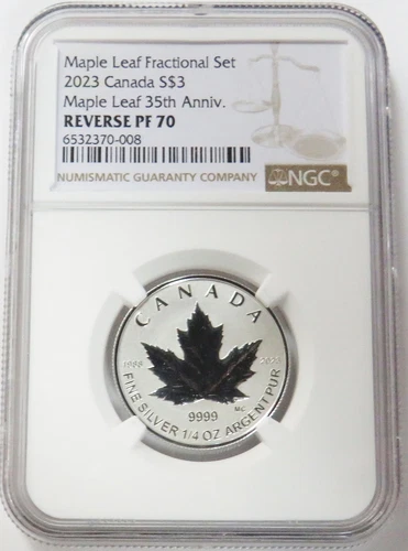 2023 SILVER CANADA $3 MAPLE LEAF 35TH ANNIVERSARY 1/4 OZ NGC REVERSE PROOF 70