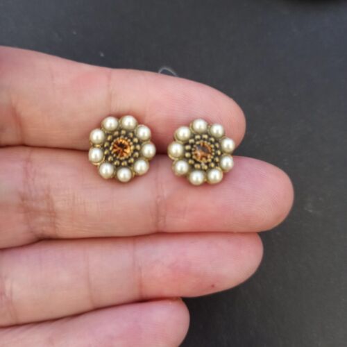 Michal Negrin Stud Earrings Cream Faux Pearl Brown Crystal Floral Romantic VTG - Picture 3 of 11