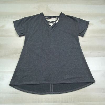 Andree by Unit Womens Top Small Gray Short Sleeve Lace Up Back Knit Hi Low Hem