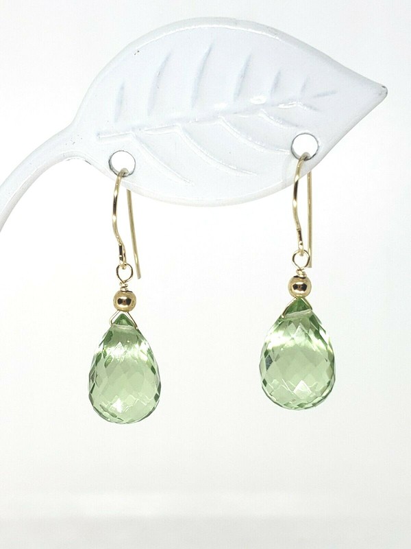 14k Yellow Gold Green Amethyst Briolette Drop Dangle Earrings