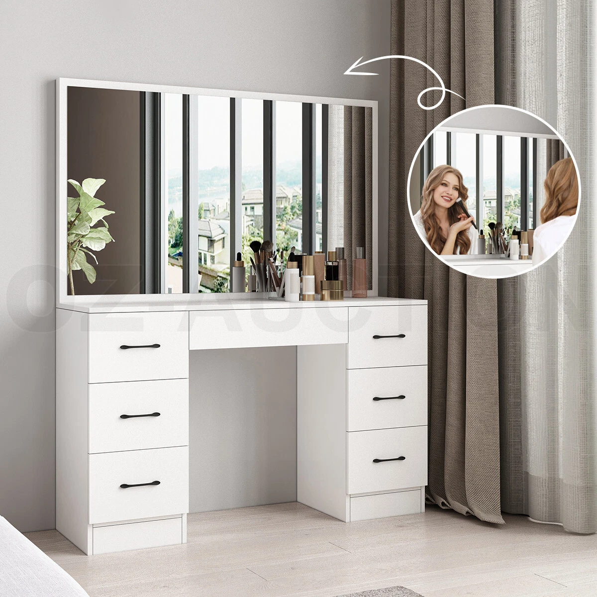 Dressing Table Large Mirror Makeup Dresser Vanity Modern Home Furniture  White