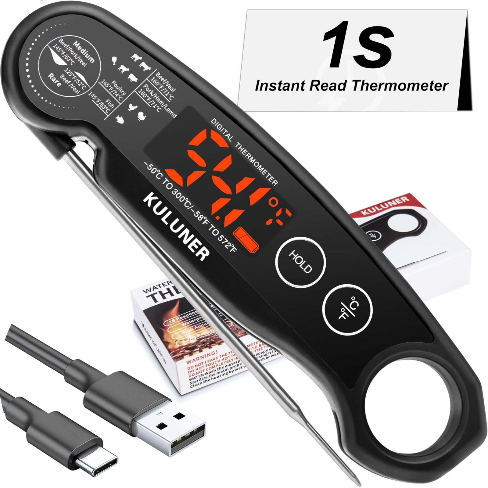 1-Second Rapid and Accurate Meat Thermometer - Waterproof Multifunctional Kit...